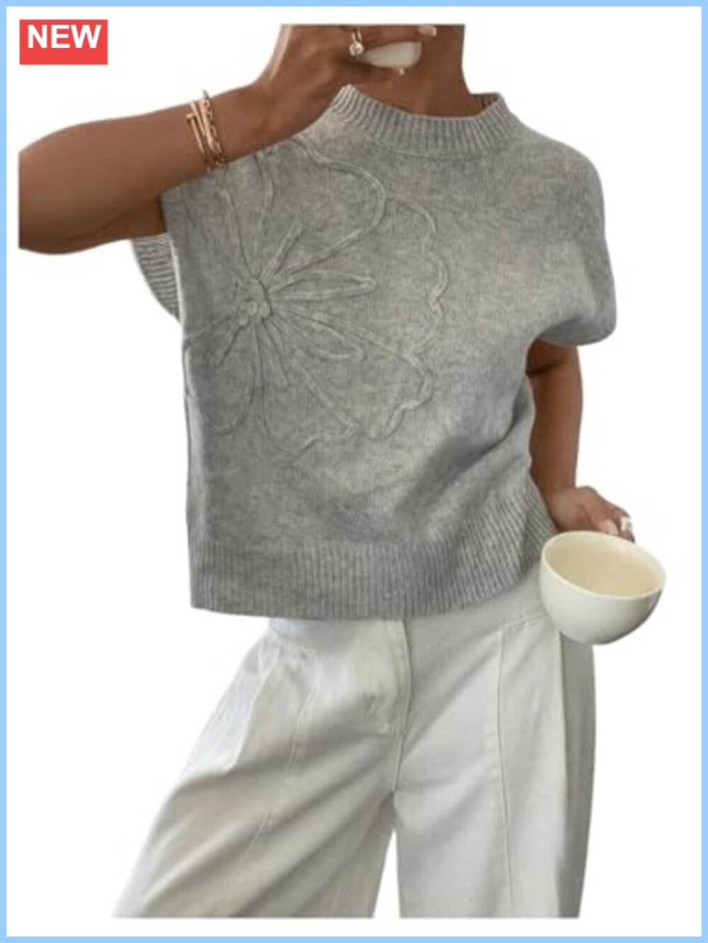 Women's Short Sleeve Floral Knit Sweater 3D Crochet Pullover Casual
